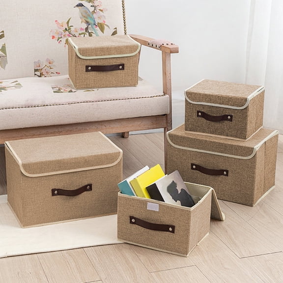 Storage Boxes with Lid, Cotton Linen Fabric Storage Bins, Organizer Container, Decorative Collapsible Washable Shelf Baskets, Small Clothing Items Organizer, for Home Bedroom Closet