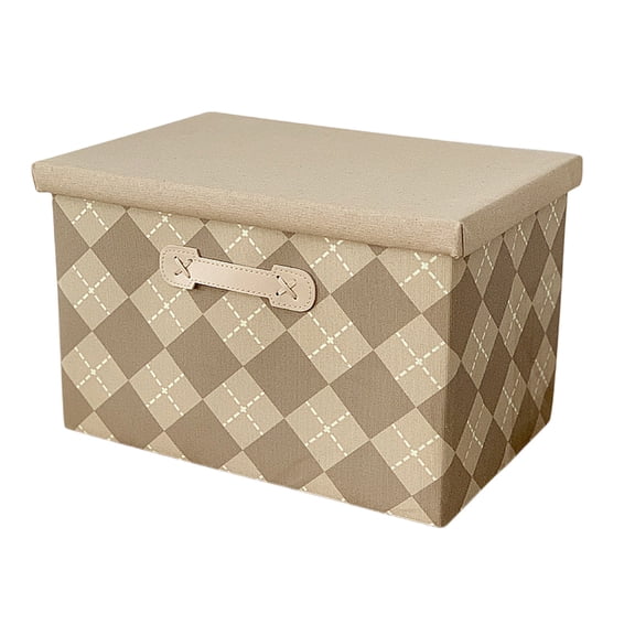Storage Boxes with Lid Textured Fabric Storage Bins Organizer Containers Decorative Collapsible Washable Shelf Baskets Faux Leather Handles for Home Bedroom Closet (Khaki)