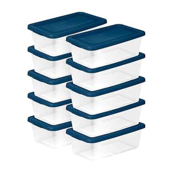 Storage Boxes with Lids - 6 Quart Stackable Plastic Bins (10 Pack) - Home Organization Containers for Clothes, Toys, Towels - Clear, Durable Household Storage Totes