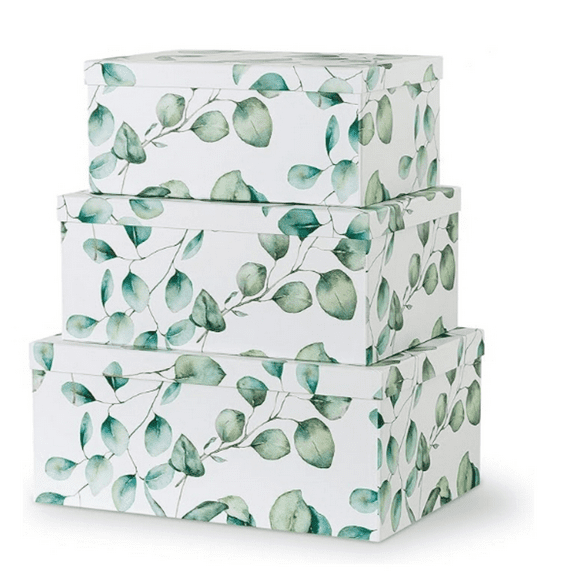 Storage Boxes with Lids for Home an Organization, Set of 3 Large Keepsake Boxes for Me ries & Gifts, Nesting Floral Photo Storage Containers, Eucalyptus Leaves