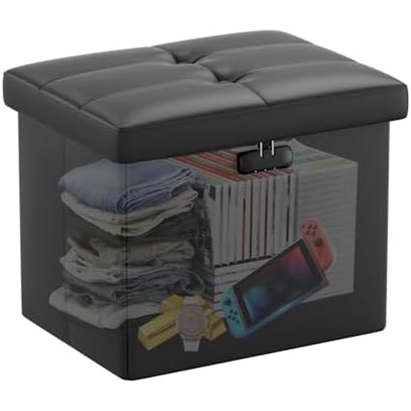 Storage Boxes with Lock,Fireproof Storage Ottoman with Handle,Folding Leather Footstool Bench,Small Ottoman Storage for Living Room and Bedroom,17"x13"x13",Black$$Furniture