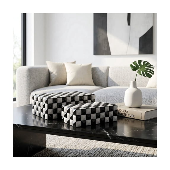 Checkered Decorative Box for Home Decor - Modern Keepsake and Jewelry Storage Boxes with Lids for Living Room - Contemporary Resin and Wood Organizer for Bedroom - Set of 2, 5", 4", Black & White