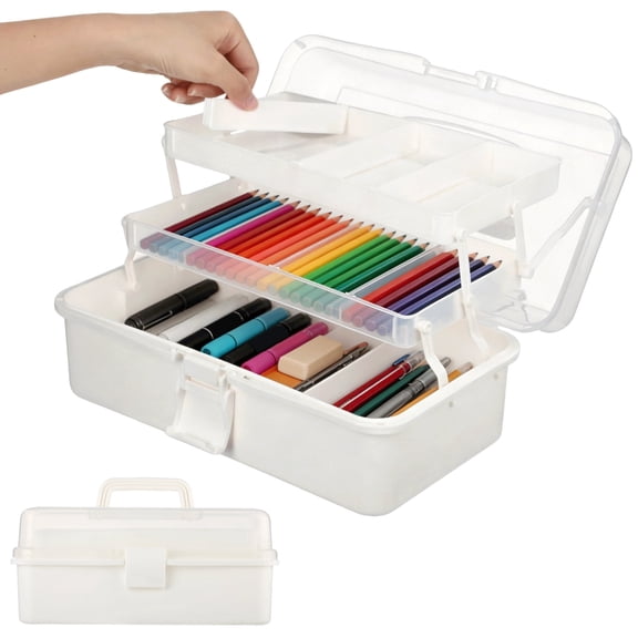 3-Layer Portable Plastic Storage Box, Multipurpose Plastic Organizer Box with 2 Divided Trays and Large Bottom Space, Craft Tool Sewing Office Supplies Storage Case with Clear Lid