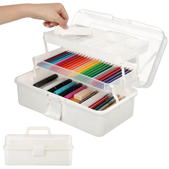 3-Layer Portable Plastic Storage Box, Multipurpose Plastic Organizer Box with 2 Divided Trays and Large Bottom Space, Craft Tool Sewing Office Supplies Storage Case with Clear Lid