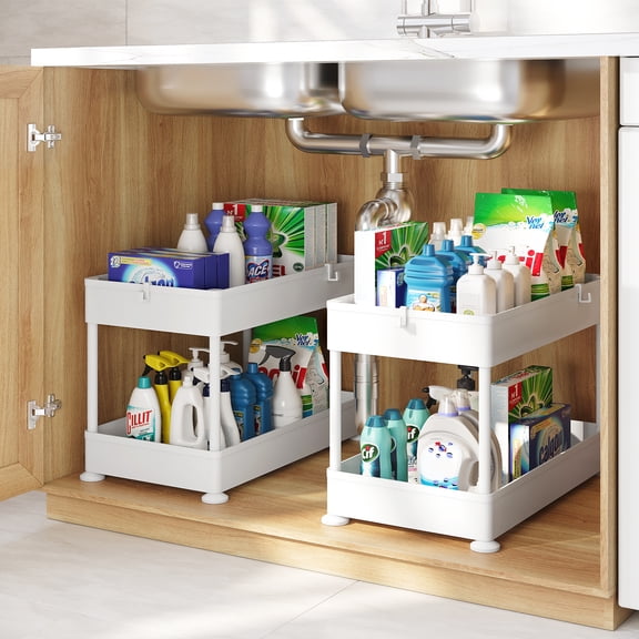 Storage Bud Under Sink Organizer and storage, 2-Pack Bathroom Cabinet Organizer, Under Sink Storage for Kitchen Bathroom Cabinet, Under Cabinet Organizer, White
