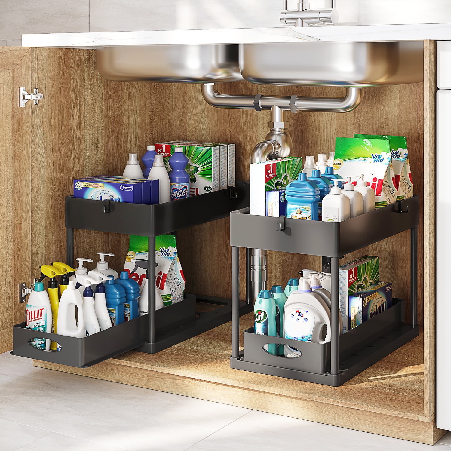 Storage Bud Under Sink Organizer and storage, 2-Pack Pull Out Bathroom Cabinet Organizer, Under Sink Storage for Kitchen Bathroom Cabinet, Under Cabinet Organizer, Black