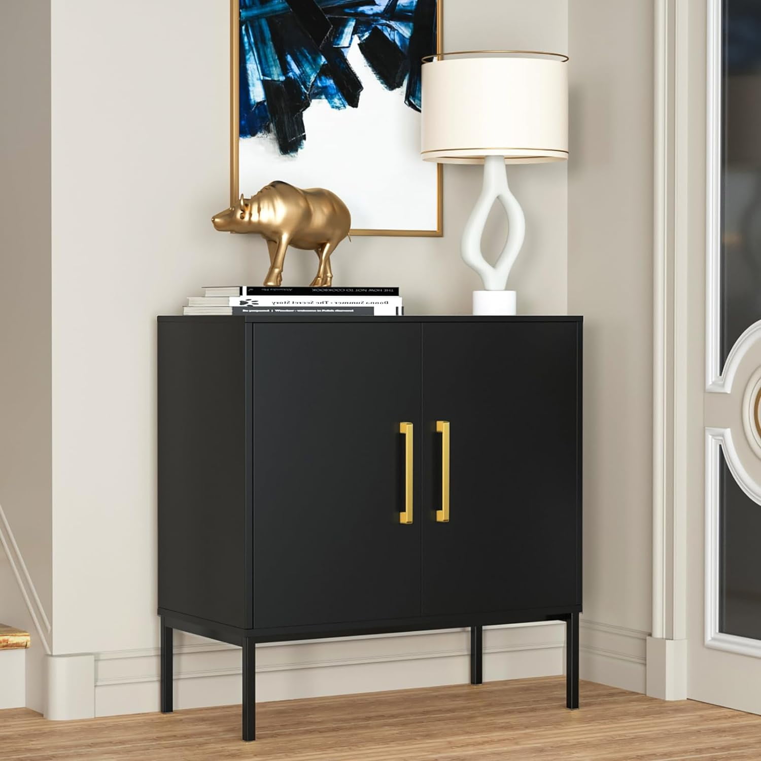 Black Modern Storage Cabinet with Metal Base and Doors