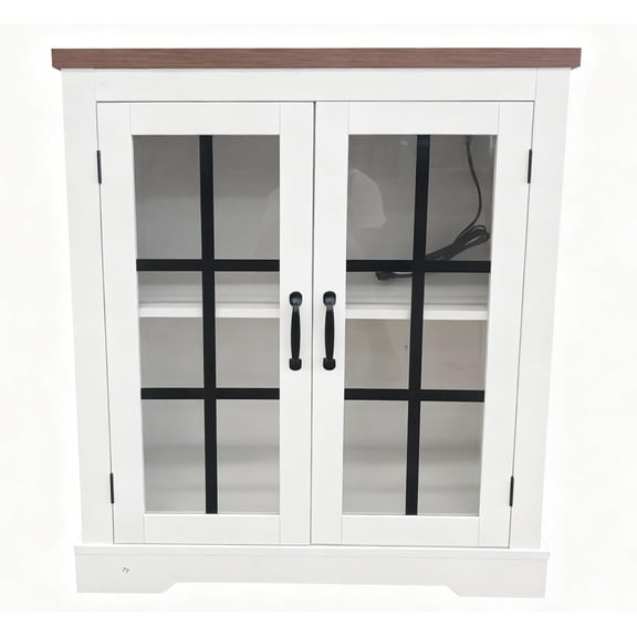 Storage Buffet with Built-in Electrical Outlet, Glass Doors & Walnut Top - Versatile Sideboard for Kitchen, Bar, Living Space