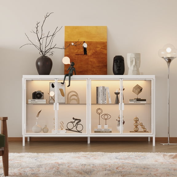 Storage Cabinet with 3-Color LED Lights, Glass Shelves & 4 Compartments, Sideboard Buffet with Solid Metal Legs, Modern Display Cabinet for Living Room Dining Room, White