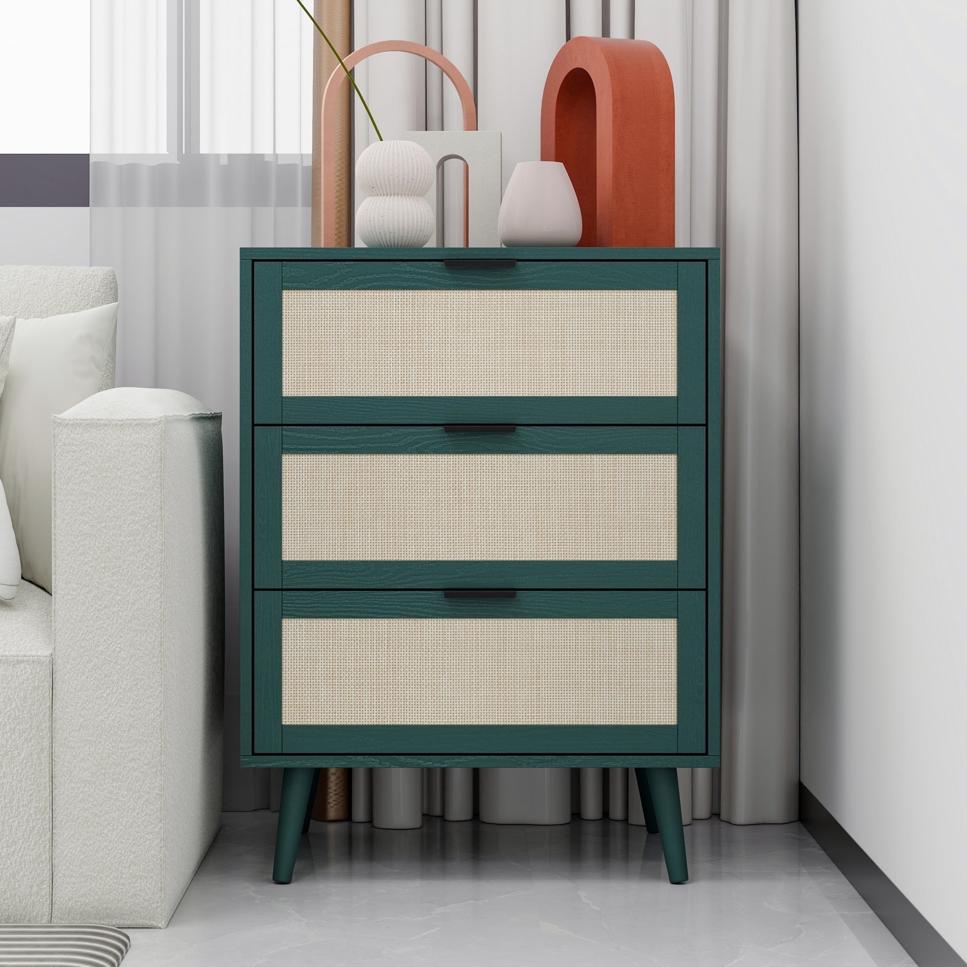 Storage 3 Drawer Rattan Dresser, Modern Nightstand End