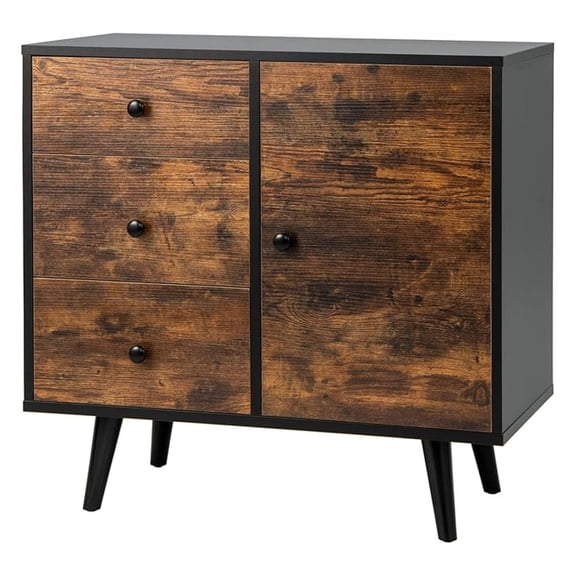Storage Cabinet with 3 Drawers and Door, Industrial Wood Accent Cabinet with Adjustable Shelf, Farmhouse Sideboard Buffet for Kitchen Living Room (Industrial)