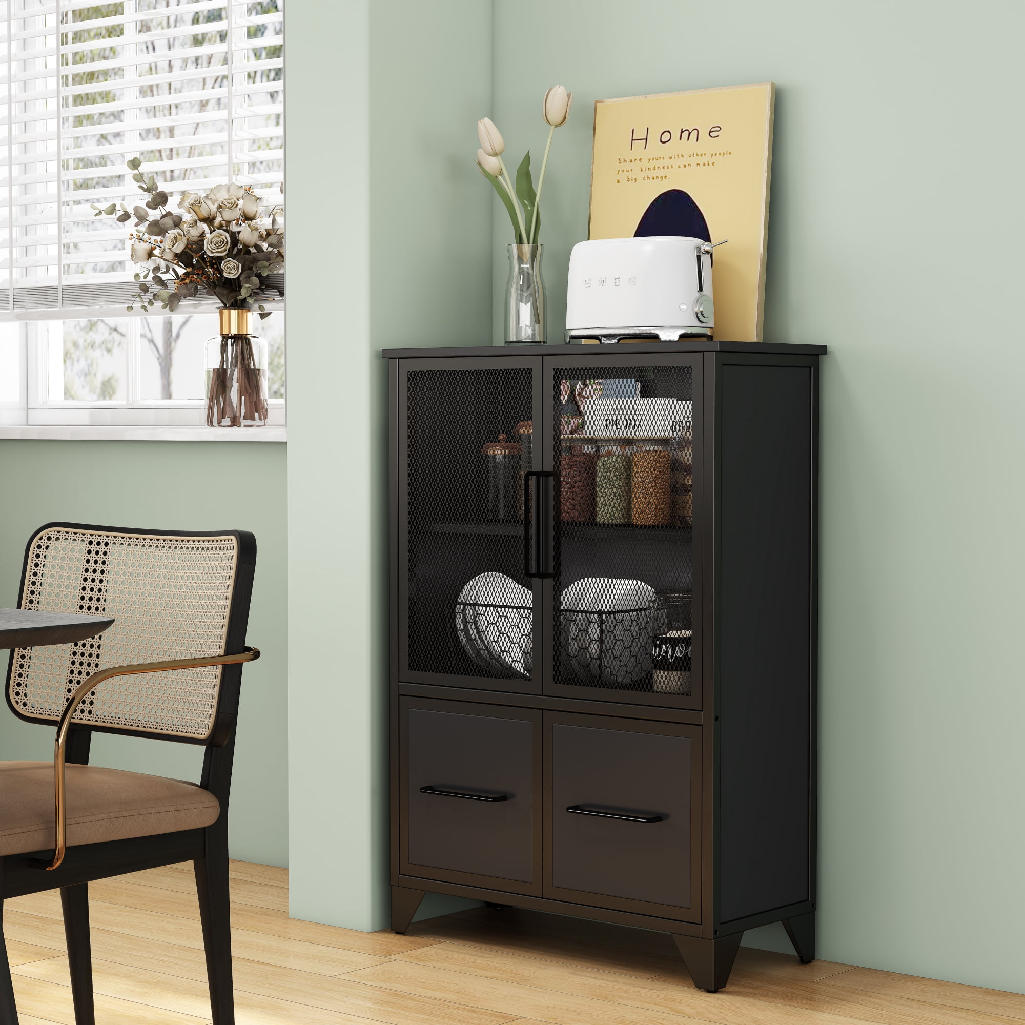 Storage Cabinet,3-Tier Farmhouse Kitchen Sideboard With Adjustable Shelf & 4 Iron Doors for Living Room,Kitchen,Black