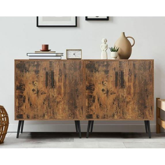 Storage Cabinet with 4 Doors, Mid Century Sideboard Buffet Cabinet with Storage, Accent Storage Cabinet with Adjustable Shelves for Living Room, Office, Bedroom, Entryway, Rustic Brown