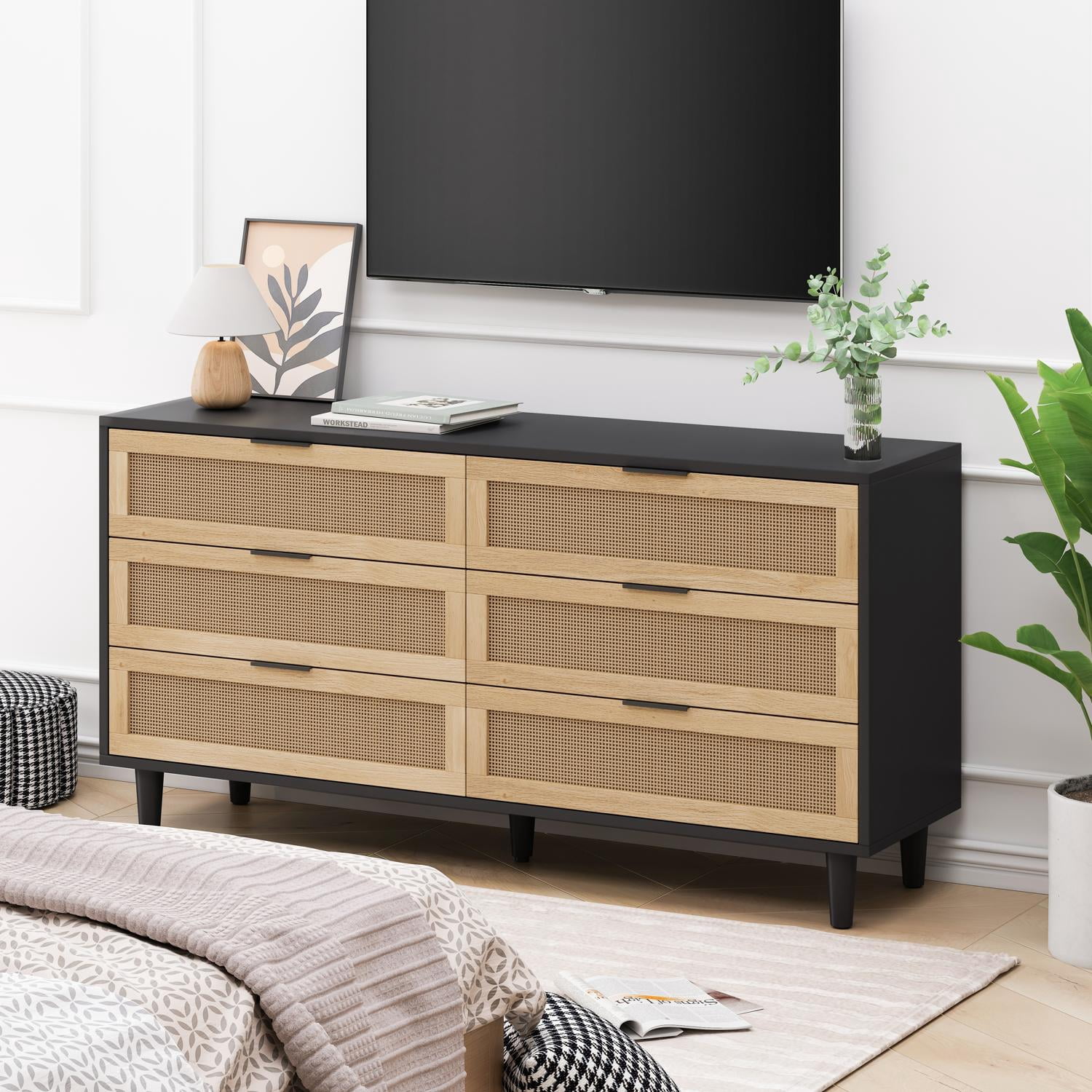 Storage Cabinet, 6-Drawer Tall Rattan Dresser Made Of Particle Board, Black Finish With Natural Rattan Drawer Fronts, Freestanding Organizer With Anti-Tipping Device For Bedroom, Black
