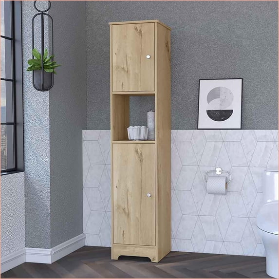 Storage Cabinet, 68” Linen Cabinet with 2 Doors, 4 Concealed & 1 Open Shelf | Engineered Wood | Beige
