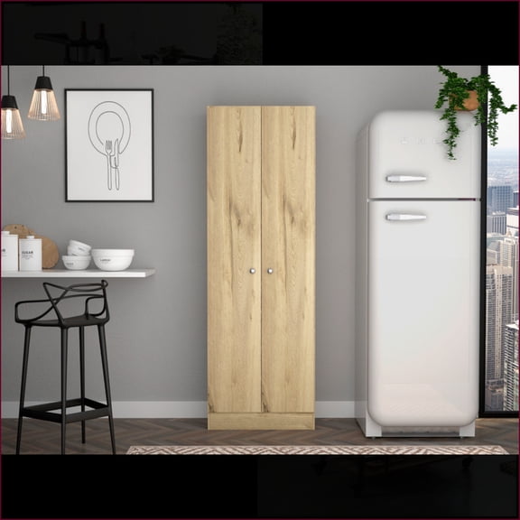 Storage Cabinet 71'' H, Two Doors, Five Shelves, Light Oak/Black | Particle Board | Multicolor