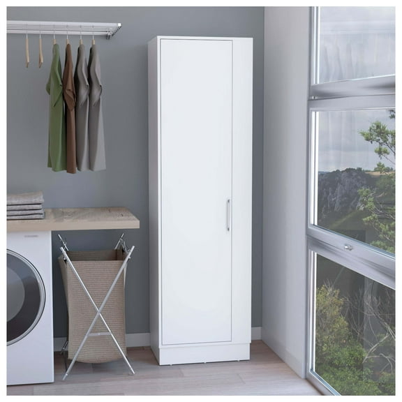 Storage Cabinet 72"H, Six Internal Shelves, One Door, Three Broom Hangers, White