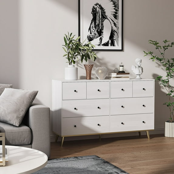 Storage Cabinet with 8 Drawers, Modern Minimalism Wooden Dresser Chest, Side Cabinet for Bedroom, Living Room, Study, Office, Hallway, Entryway, White