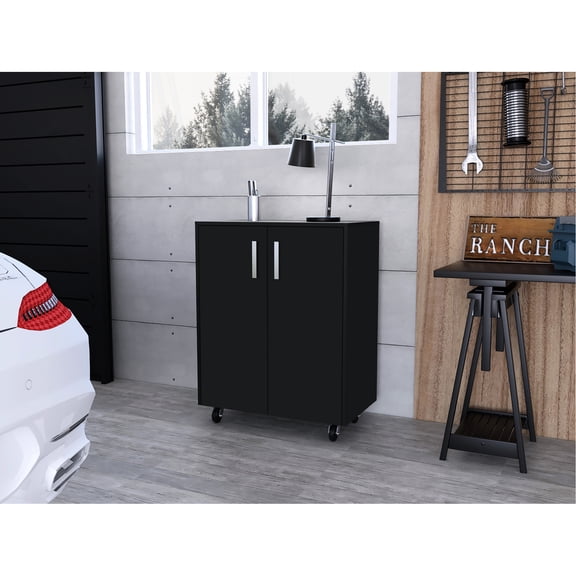 Storage Cabinet Base, Four Castered, Double Door With Two Internal Shelves, Black Engineered Wood For Neat Kitchen Storage, 27.6''w X 15.7''d 35.24''h Caster, Shelves Inside, Wood, Modern Kitchen,