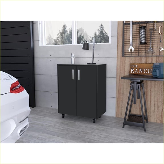 Storage Cabinet Base, Four Casters, Double Door Lock, 3 Shelves, Black | Modern | Particle Board