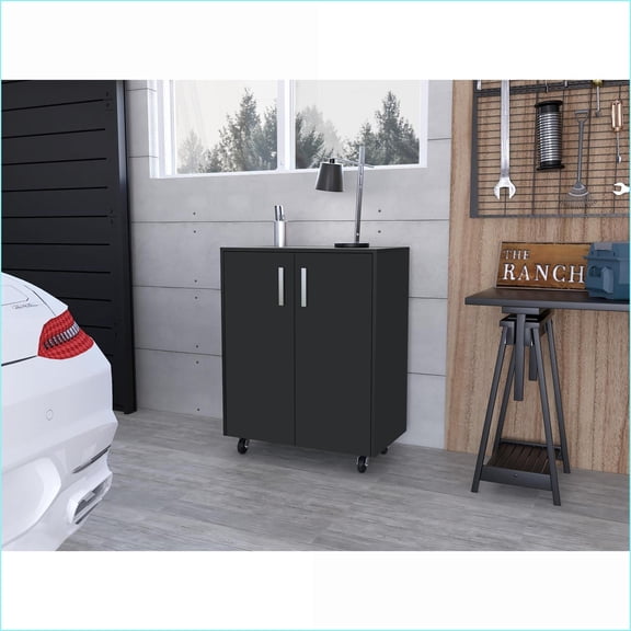 Storage Cabinet Base with 4 Casters, Double Doors, Lock | Black | Modern | Particle Board, Melamine