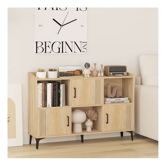 Storage Cabinet Bookcase with Doors - Oak Sideboard for Living Room, Dining Room - 47" Wide, 3 Open & 3 Door Compartments, Metal Legs, Anti-Tip Kit