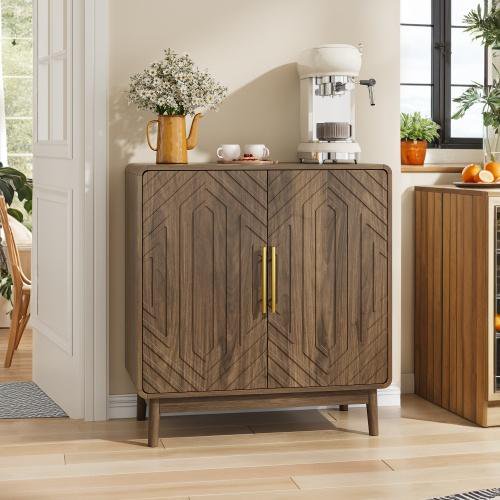 Storage Cabinet, Carved Sideboard with Curved Safety Edges, Anti-Tip Kit, for Entryway Console, Walnut Engineered Wood, 31.5 Inch W