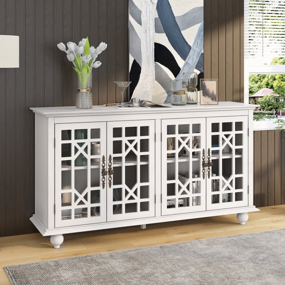 Storage Cabinet Console Table Wood Storage Chest with Adjustable Height Shelves and Metal Handles, 4 Doors Buffet Cabinet