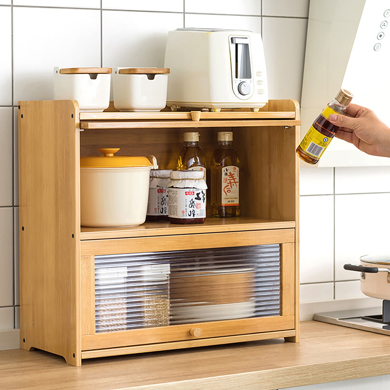 Countertop Storage Cabinet, Multipurpose Organizer Cabinet w/Glass Doors, Bamboo Kitchen Pantry Sideboard, Console Dining Cupboard (Primary Color, Lamps not Included, 20.5" D x 9.8" W x 19.7" H)