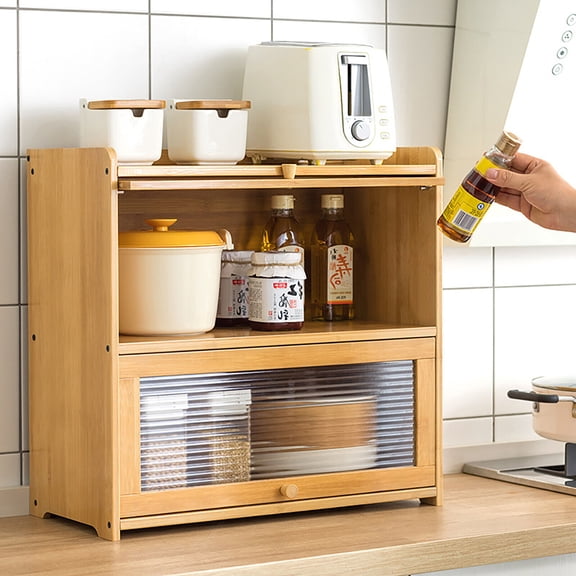 Countertop Storage Cabinet, Multipurpose Organizer Cabinet w/Glass Doors, Bamboo Kitchen Pantry Sideboard, Console Dining Cupboard (Primary Color, Lamps not Included, 20.5" D x 9.8" W x 19.7" H)