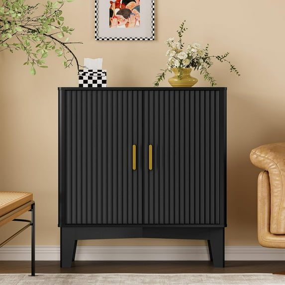 Storage Cabinet with Doors and Adjustable Shelf, Modern Fluted Sideboard Buffet Cabinet, Freestanding Coffee Bar for Kitchen, Pantry, Entryway, Living Room (Black)