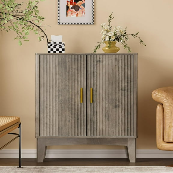 Storage Cabinet with Doors and Adjustable Shelf, Modern Fluted Sideboard Buffet Cabinet, Freestanding Coffee Bar for Kitchen, Pantry, Entryway, Living Room (Weathered Gray)