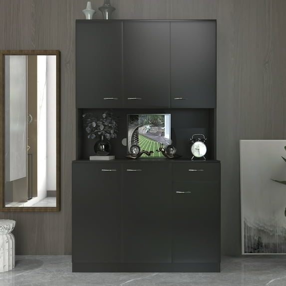 Storage Cabinet with Doors, Farmhouse Wardrobe Closet Storage with 6 Doors, 1 Open Shelves, and Drawer for Bedroom Living Room Kitchen Entryway, Black, LJ3879