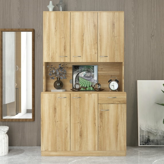 Storage Cabinet with Doors, Farmhouse Wardrobe Closet Storage with 6 Doors, 1 Open Shelves, and Drawer for Bedroom Living Room Kitchen Entryway, Oak, LJ3878