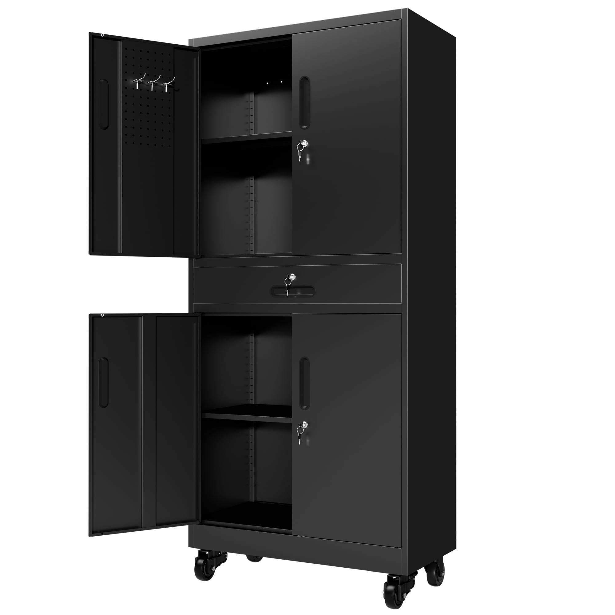 Storage Cabinet with Drawer, 71" Garage Cabinet with Locking Doors and 2 Adjustable Shelves, Heavy Duty Tool Cabinet with Pegboard, 8 Hooks & Rolling Wheels for Home Office Utility