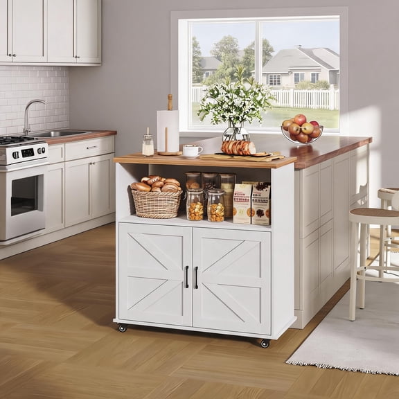 Storage Cabinet Drawers Kitchen Island Cart with Wood Top, Towel Rack, Lockable Wheels for Kitchen, Dining Room