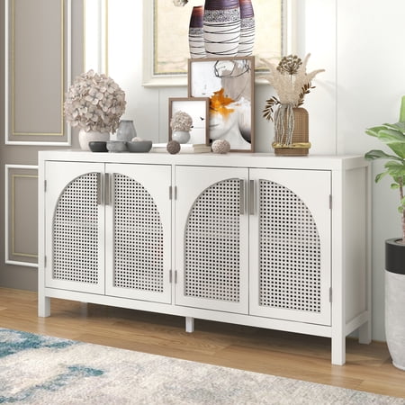 Storage Cabinet, Farmhouse Buffet Sideboard, Buffet Cabinet, Buffet Server Bar with 4 Rattan Doors and Adjustable Shelves, Heavy Duty Cabinet Furniture for Kitchen Dining Room Living Room, White