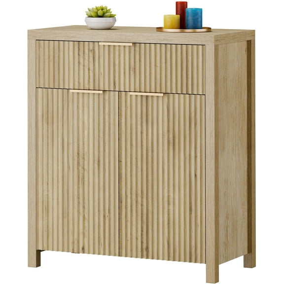 Storage Cabinet Fluted Sideboard Buffet Cabinet with Adjustable Shelves & Quality Wooden Tabletop, Modern Credenza Media Console for Living Room, Entryway, Hallway, Natural Oak
