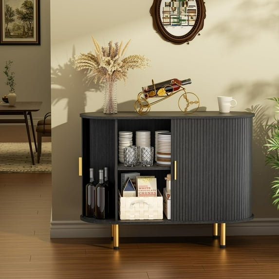 Storage Cabinet, Fluted Sideboard Buffet Cabinet with Tambour Sliding Doors& Adjustable Shelf, Accent Coffee Bar Console Table for Kitchen, Living Room, Entryway (Black, 40 Inch)