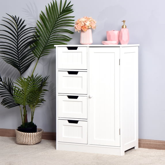 Storage Cabinet, Free Standing Wooden Cabinet with 4 Drawers, Floor Bathroom Cabinet with 1 Door with 2 Tiers Storage Shelf, Entryway Storage Cupboard, Storage Organizer for Bedroom, White, D3375