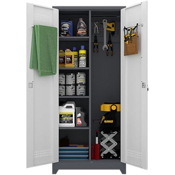 Storage Cabinet,Garage Storage Cabinets with Pegboard,Metal Locking Storage Cabinets with Doors and Shelves,Utility Tool Cabinets for Home Office,Basement,Laundry,Grey-White