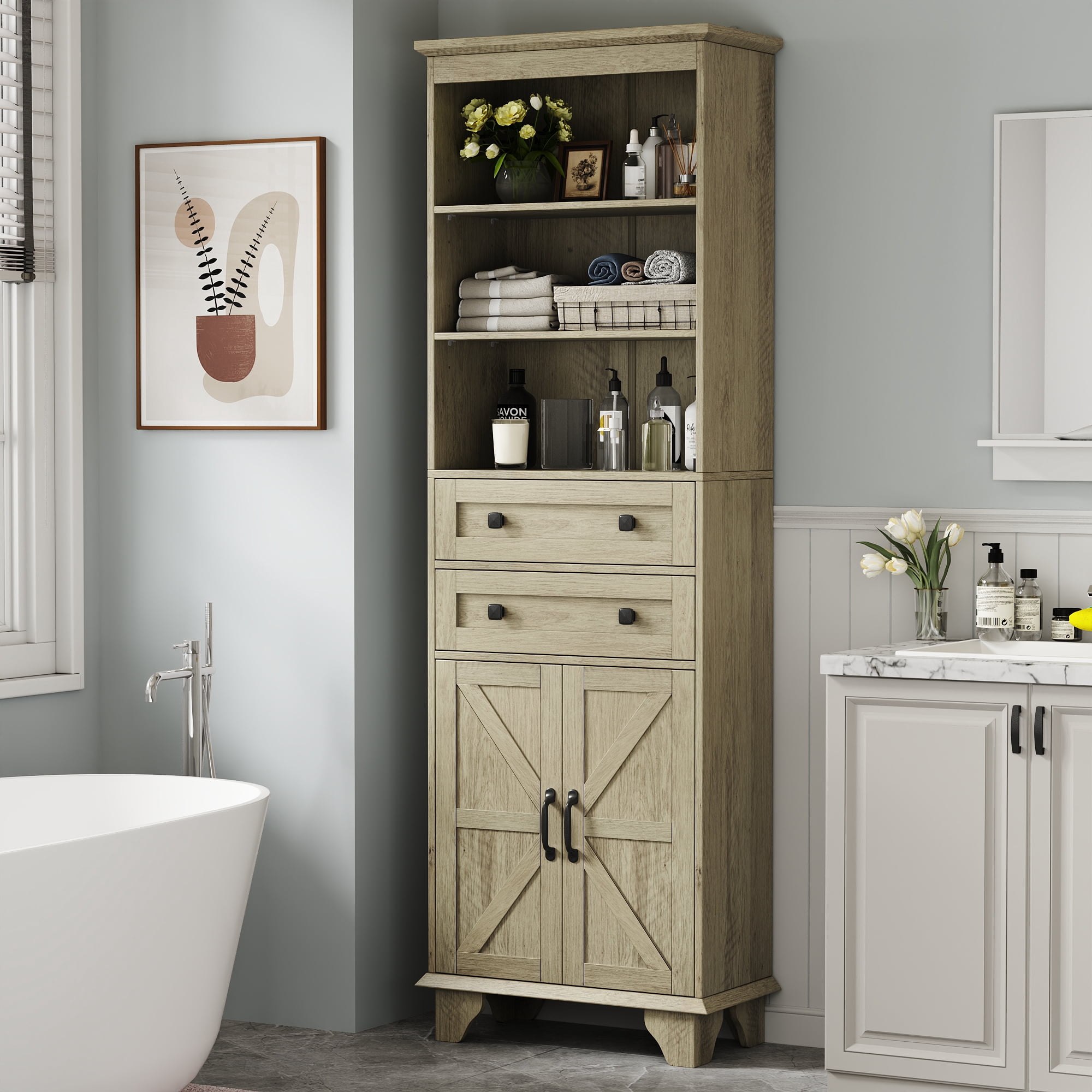 Storage Cabinet, Gray Tall Cabinet with 2 Drawers, Farmhouse Bathroom Storage Cabinet for Bathroom, Bedroom, Living room，Laundry