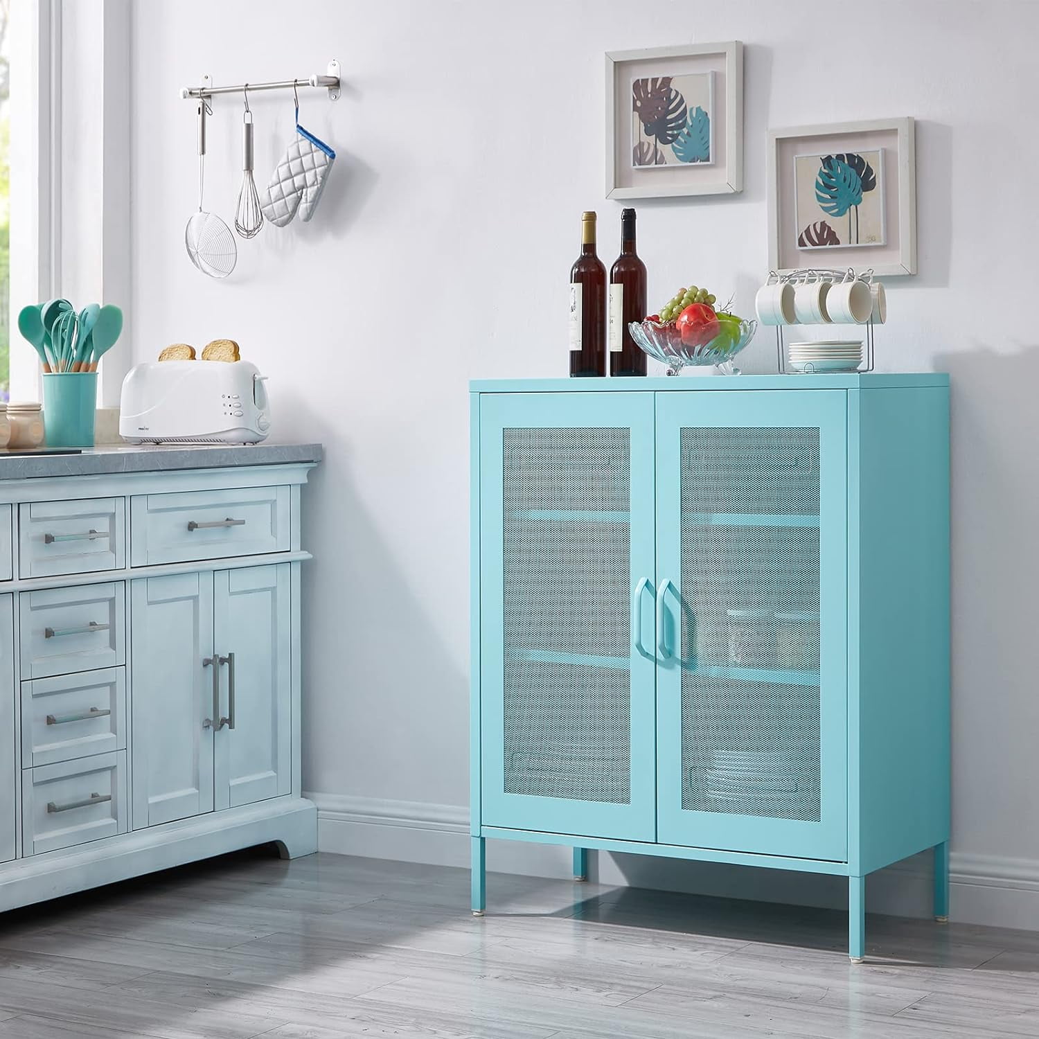 Storage Cabinet Kitchen Buffet Pantry 40 Stylish Metal Pantry Cabinet with 2 Mesh Doors, Metal Locker Style Storage Accent Cabinet, Suitable for Office, Dining Room, Living Room, Blue