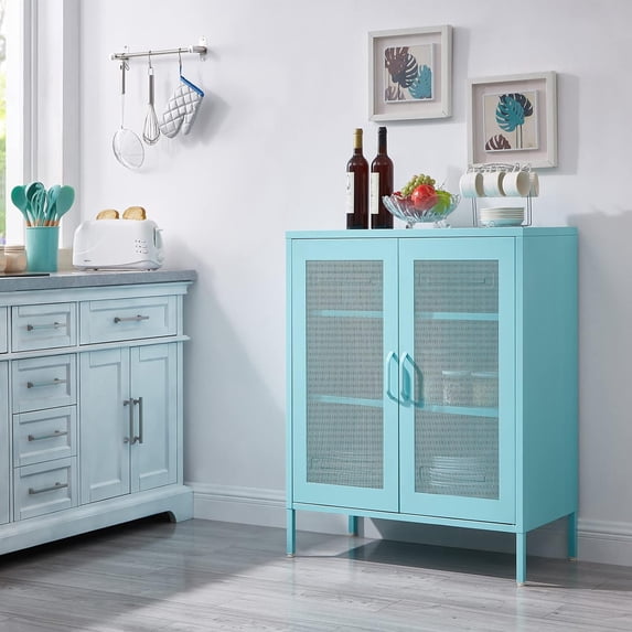 Storage Cabinet Kitchen Buffet Pantry 40“ Stylish Metal Pantry Cabinet with 2 Mesh Doors, Metal Locker Style Storage Accent Cabinet, Suitable for Office, Dining Room, Living Room, Blue