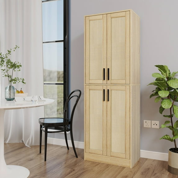 BOCVKENN Storage Cabinet - Kitchen Pantry Cabinet, Tall Pantry Storage Cabinet Freestanding with 4 Rattan Doors and Adjustable Shelves, Cupboard Cabinet for Dining Living Room, Laundry, Bathroom