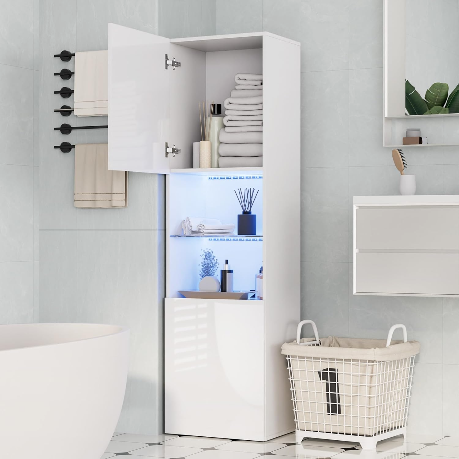 Storage with LED Lights 63" Tall 4 Door Wood Freestanding