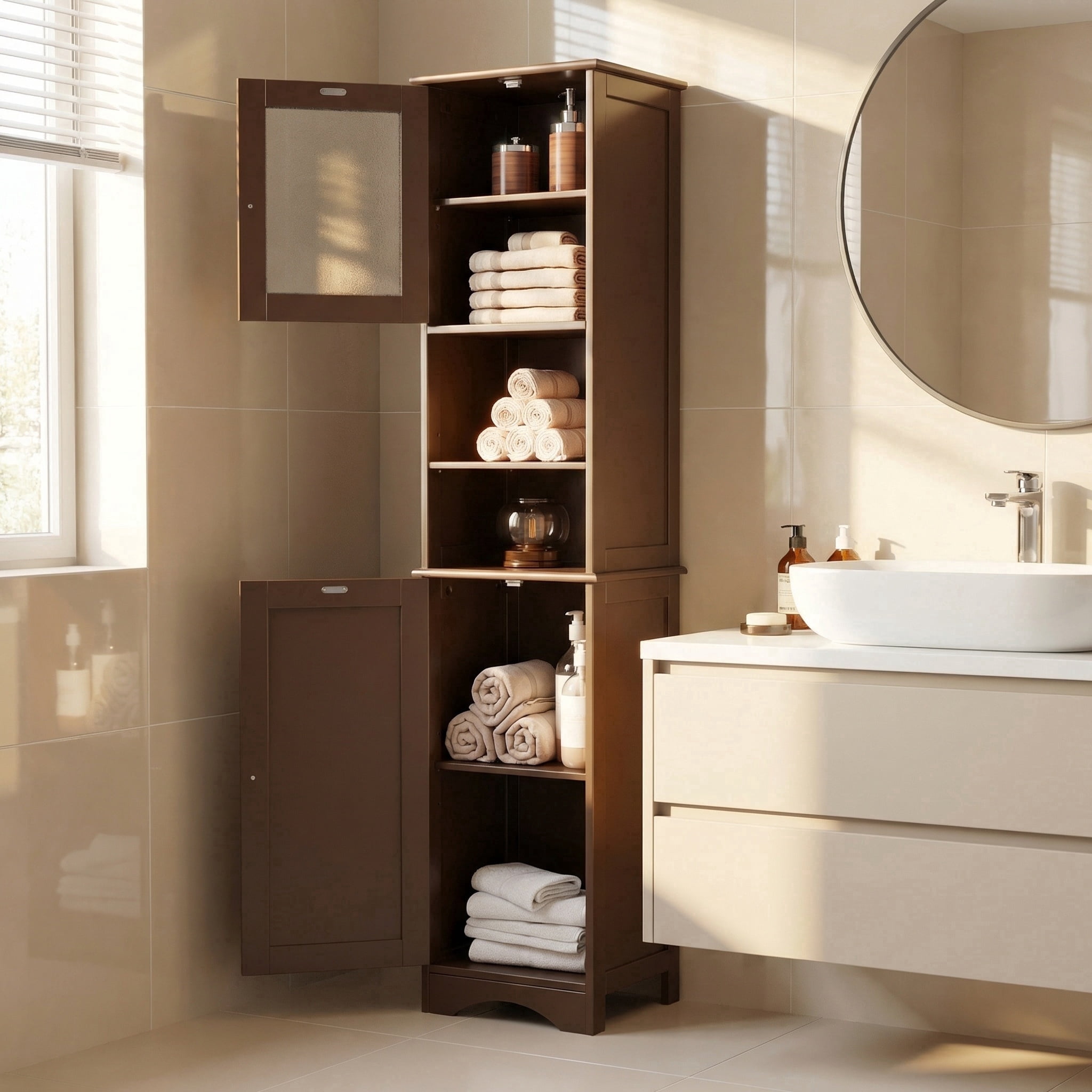 Lofka 67”H Tall Bathroom Storage Cabinet with Adjustable Shelves, Narrow Tall Linen Tower  with Two-Way Doors, Dark Brown