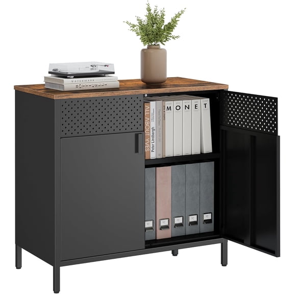 Storage Cabinet, Metal Cabinet, Sideboard with 2 Doors, 15.7 x 31.5 x 29.9 Inches, Magnetic Closure, Adjustable Shelf, Steel Frame, Rustic Brown and Black ULSC102B01