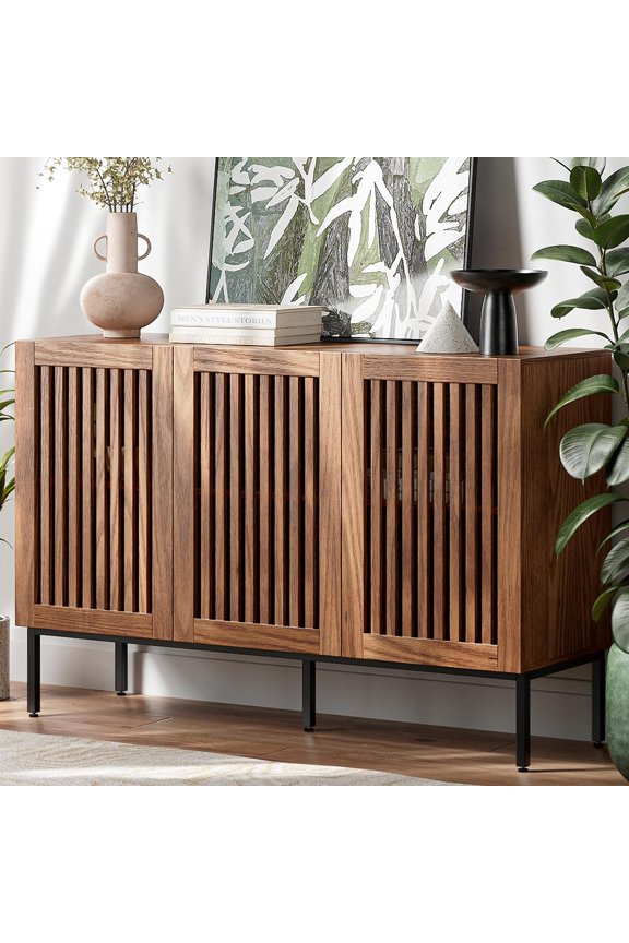 Storage Cabinet, Modern Coffee Bar with Adjustable Shelves and Metal Base, 47 Inch Wood Multifunctional Console Table for Kitchen, Living Room, Entryway, Brown