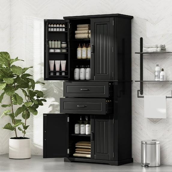 Storage Cabinet with Multi-Functional Storage Space, 2 Drawers with Slide Rails and Adjustable Shelf for Kitchen, Bathroom, Dining Room, Living Room, Black